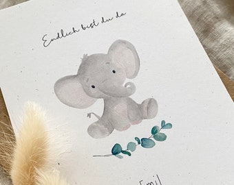 Personalisierte Geburtskarte "Elefant mit Eukalyptus" mit Wunschtext und Namen