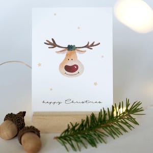 Personalisierte Weihnachtskarte "Rentier" / Wunschtext und Name / Geschenkanhänger / Minikarte / Postkarte / Klappkarte / Sticker