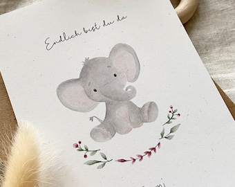 Personalisierte Geburtskarte "Elefant mit Blumen" mit Wunschtext und Namen