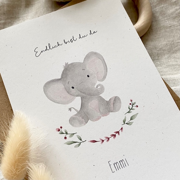 Personalisierte Geburtskarte "Elefant mit Blumen" mit Wunschtext und Namen