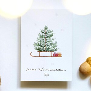 Personalisierte Weihnachtskarte "Weihnachtsschlitten" / Wunschtext und Name / Geschenkanhänger / Minikarte / Postkarte / Klappkarte /Sticker