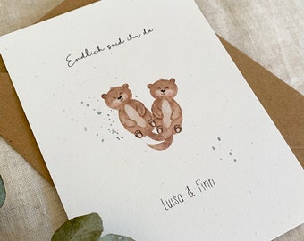 Personalisierte Geburtskarte für Zwillinge "Otter" mit Wunschtext und Namen