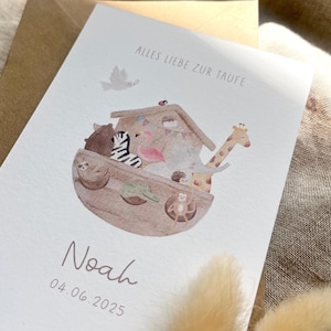 Personalisierte Karte "Arche Noah" / Alles Liebe zur Taufe mit Name und Datum / Glückwunschkarte Taufe / Postkarte / Klappkarte