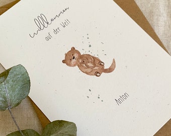 Personalisierte Geburtskarte "Otter mit Baby" mit Wunschtext und Namen