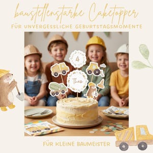 Puede incluir: Un conjunto de adornos para tarta con tem&aacute;tica de construcci&oacute;n que incluye un cami&oacute;n volquete amarillo, una hormigonera verde, un castor marr&oacute;n con una pala, un cono de tr&aacute;fico y dos letreros circulares con el n&uacute;mero 4 y el nombre Theo.