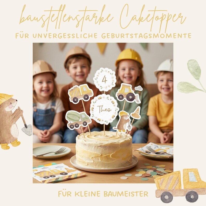 Puede incluir: Un conjunto de adornos para tarta con tem&aacute;tica de construcci&oacute;n que incluye un cami&oacute;n volquete amarillo, una hormigonera verde, un castor marr&oacute;n con una pala, un cono de tr&aacute;fico y dos letreros circulares con el n&uacute;mero 4 y el nombre Theo.