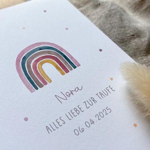 Personalisierte Karte "Regenbogen rosa" mit Wunschtext / Name und Datum / Taufe / Segnung / Erstkommunion / Konfirmation / Geburt / Firmung