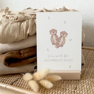 Personalisierte Geburtskarte für Zwillinge "Otter" mit Wunschtext und Namen / Postkarte / Klappkarte