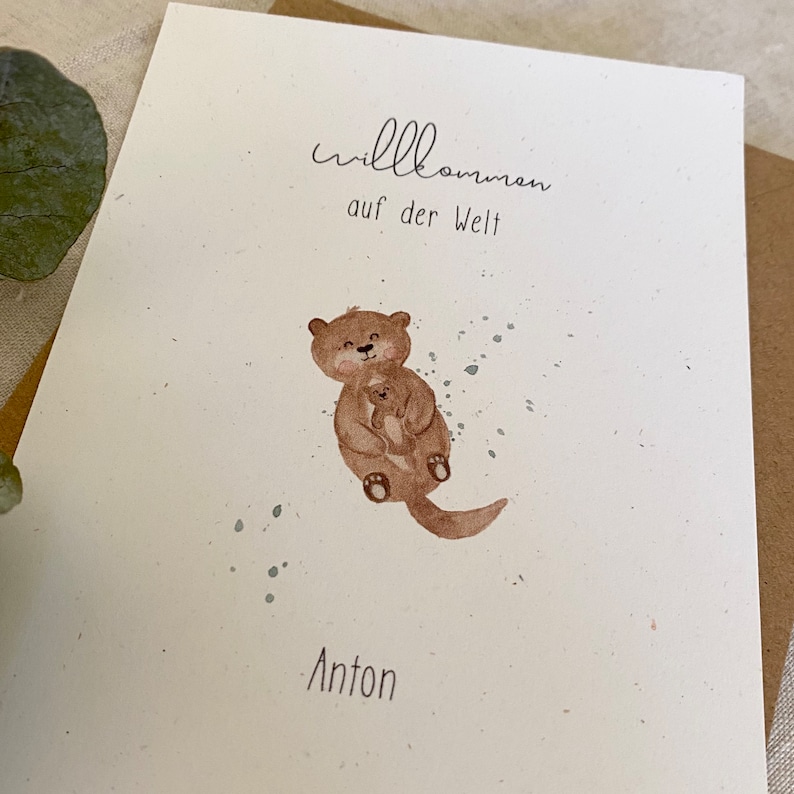 Personalisierte Geburtskarte Otter mit Baby mit Wunschtext und Namen Bild 4