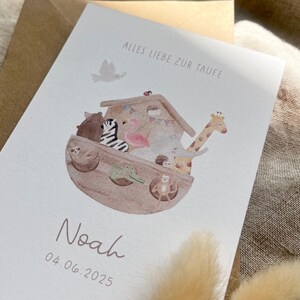 Personalisierte Karte "Arche Noah" / Alles Liebe zur Taufe mit Name und Datum / Glückwunschkarte / Postkarte / Klappkarte