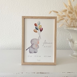 Personalisiertes Geburtsposter "Elefant mit Luftballons" / Aquarell / A4 oder A3