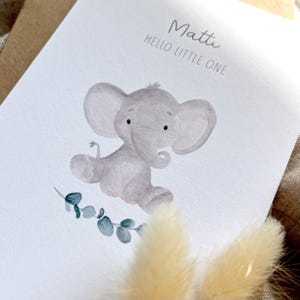 Personalisierte Geburtskarte "Elefant mit Eukalyptus" mit Wunschtext und Namen / Postkarte / Klappkarte