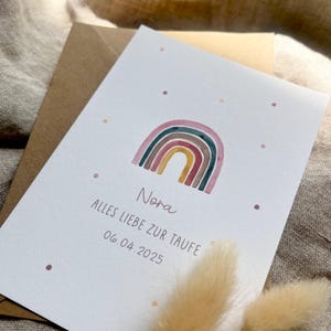 Personalisierte Karte "Regenbogen rosa" mit Wunschtext / Name und Datum / Taufe / Segnung / Erstkommunion / Konfirmation / Geburt / Firmung