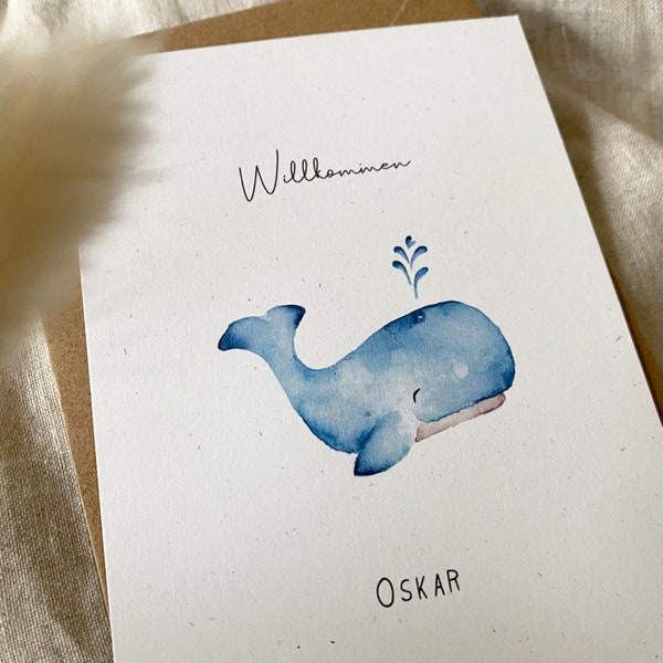 Personalisierte Karte "Wal" mit Wunschtext und Namen / Geburt / Geburtstag / Taufe