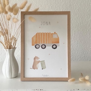 Personalisiertes Kinderzimmerposter "Müllwagen" / Aquarell / Müllauto / Müllabfuhr / A4