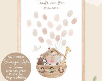May include: A framed poster featuring a wooden ark filled with watercolor animals, including a giraffe, zebra, and elephant. Above the ark, light-colored fingerprint balloons form a heart shape. Text reads Taufe von Ben 12.04.2026.