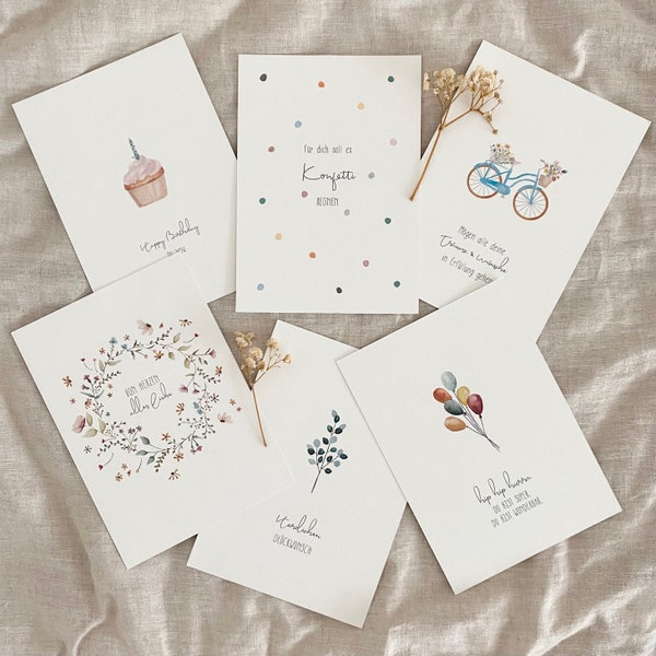 Postcard set "Congratulations" with wonderful watercolor motifs and loving sayings / set of 6