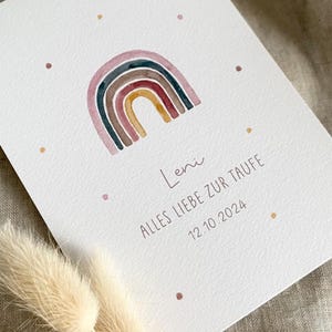 Personalisierte Karte "Regenbogen rosa" mit Wunschtext / Name und Datum / Taufe / Segnung / Erstkommunion / Konfirmation / Geburt / Firmung