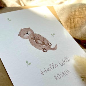 Personalisierte Geburtskarte "Otter mit Baby" mit Wunschtext und Namen / Postkarte / Klappkarte