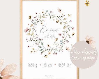 Póster de nacimiento personalizado "Flores silvestres" / Regalo de nacimiento / Madrina / Ahijado/a / Póster para habitación infantil / Tamaño A4 o A3