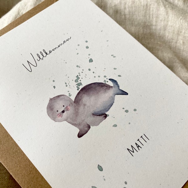 Personalisierte Karte "Robbe" mit Wunschtext und Namen / Geburt / Geburtstag