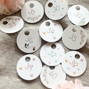 Schwangerschaftskalender / Baby Countdown bis zu 24 bedruckte Anhänger mit selbstgemalten Aquarellmotiven / Vorfreude / Mama