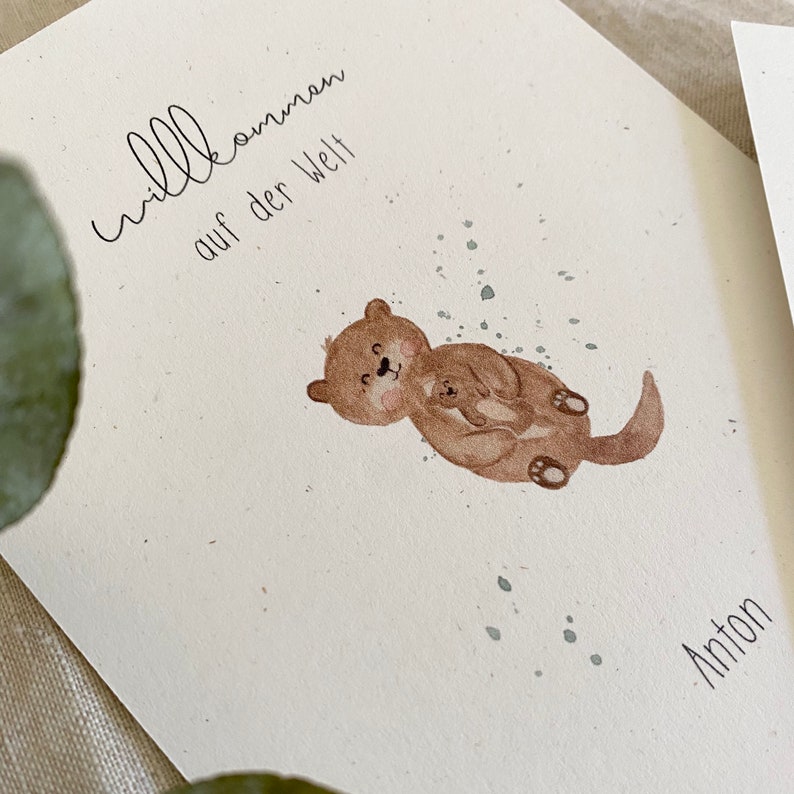 Personalisierte Geburtskarte Otter mit Baby mit Wunschtext und Namen Bild 5