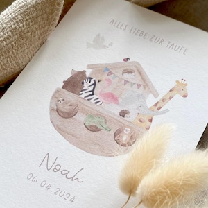 Personalisierte Karte "Arche Noah" / Alles Liebe zur Taufe mit Name und Datum / Glückwunschkarte / Postkarte / Klappkarte