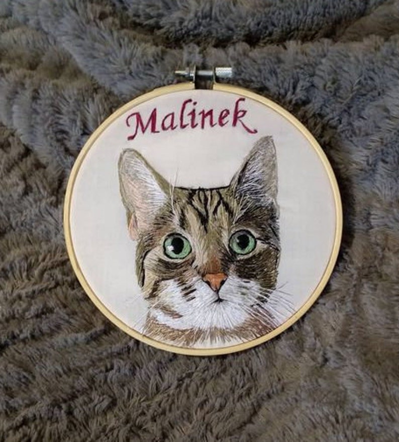 Hand embroidered portait of your pet Memorial Cat portrait. Dog lovers gift cat, lovers gift. Dog portrait. 12cm image 1