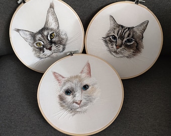 May include: Three embroidered cat portraits in wooden hoops. The cats have detailed facial features, with varying colors of gray, brown, and white. The hoops are set against a gray background, creating a simple yet elegant display.