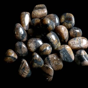 Puede incluir: Una colecci&oacute;n de piedras marrones y negras pulidas con un patr&oacute;n estriado. Las piedras son lisas y pulidas.