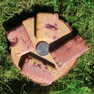 May include: Four polished, rectangular pieces of red and yellow jasper with a swirling pattern. The stones are arranged on a wooden surface with a US quarter for scale.