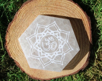 Selenite Etched Om Flower Polished Hexagon Charging Plate 2.75 Inch