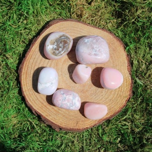 May include: A collection of pink gemstones, varying in size and shape, displayed on a circular wooden slice. The stones exhibit a range of pink hues, from pale to deeper shades, with some showing unique internal patterns. The wooden slice rests on a bed of green moss.