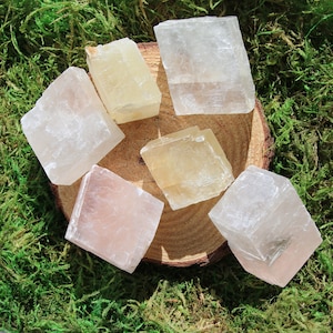 May include: Six selenite crystals of varying sizes and colors, including white, pink, and yellow, arranged on a wooden surface. The crystals are smooth and have a translucent appearance.