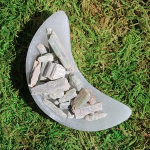 May include: A white crescent moon-shaped dish filled with green and gray gemstone chips. The dish is sitting on a bed of green moss.