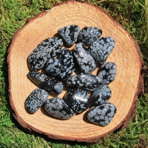 May include: A collection of snowflake obsidian tumbled stones in various sizes and shapes, displayed on a wooden surface. The stones are a dark gray color with white flecks.