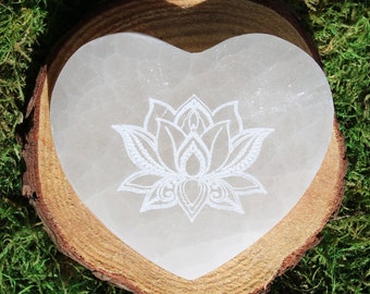 Selenite Etched Lotus Flower Polished Heart Charging Plate 4 Inch