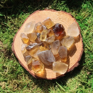 May include: A collection of raw, natural citrine crystals in various shades of yellow and brown. The crystals are arranged on a wooden surface.