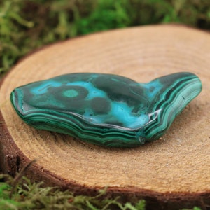 May include: A polished malachite stone with a swirling pattern of dark green and teal colors. The stone is shaped like a smooth, rounded form and rests on a wooden slice. The natural stone displays bands of color and a glossy finish.