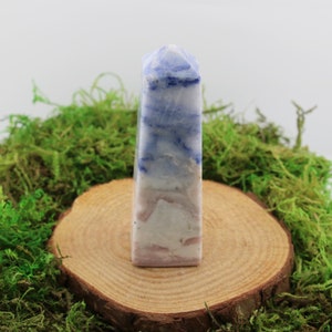 May include: A blue and white crystal point with pink and white striations. The point is sitting on a wooden slice surrounded by green moss.