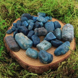 May include: A collection of blue apatite tumbled stones on a wooden surface. The stones are various shades of blue, from light to dark.