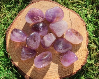 May include: A collection of tumbled amethyst stones in various shades of purple, displayed on a wooden slice. The stones are smooth and polished, with a natural, organic look.