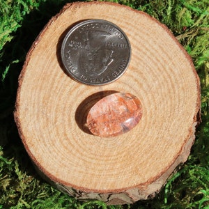 May include: A clear, oval-shaped crystal with a reddish-brown, cloudy interior. The crystal is about the size of a US quarter.