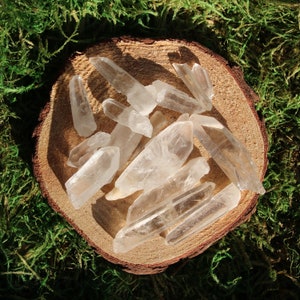 May include: A collection of clear quartz crystals of various sizes and shapes, arranged on a wooden surface. The crystals are smooth and translucent, with a natural, raw appearance.