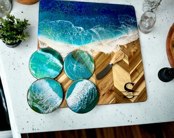 Handcrafted Ocean-Themed Cheese Board Set with Coasters and knife -Personalized Engraving Available | Gift for her, Present for couple