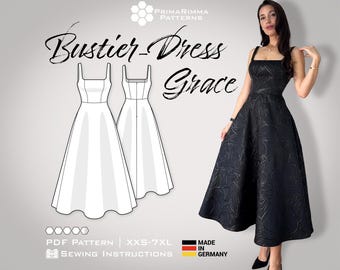 PDF Sewing Pattern Evening Dress Grace | Bustier Dress with Corset | Midi Skirt | Sizes XXS-7XL | Elegant Design for Women