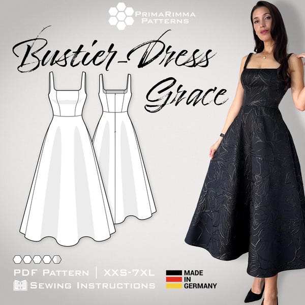 PDF Schnittmuster Abendkleid Grace | Bustier Kleid mit Korsage | Midi Rock | Größen XXS-7XL | Festliches Design für Frauen