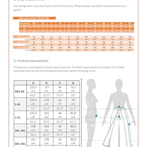 May include: Size chart for a skirt with measurements in inches and centimeters. The chart shows the finished garment measurements for different sizes, including XXS-XS, S-M, L-XL, 2XL-3XL, 4XL-5XL, and 6XL-7XL. The measurements are for the bust, waist, hips, and skirt length.
