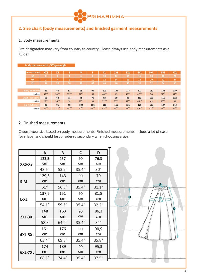 May include: Size chart for a skirt with measurements in inches and centimeters. The chart shows the finished garment measurements for different sizes, including XXS-XS, S-M, L-XL, 2XL-3XL, 4XL-5XL, and 6XL-7XL. The measurements are for the bust, waist, hips, and skirt length.